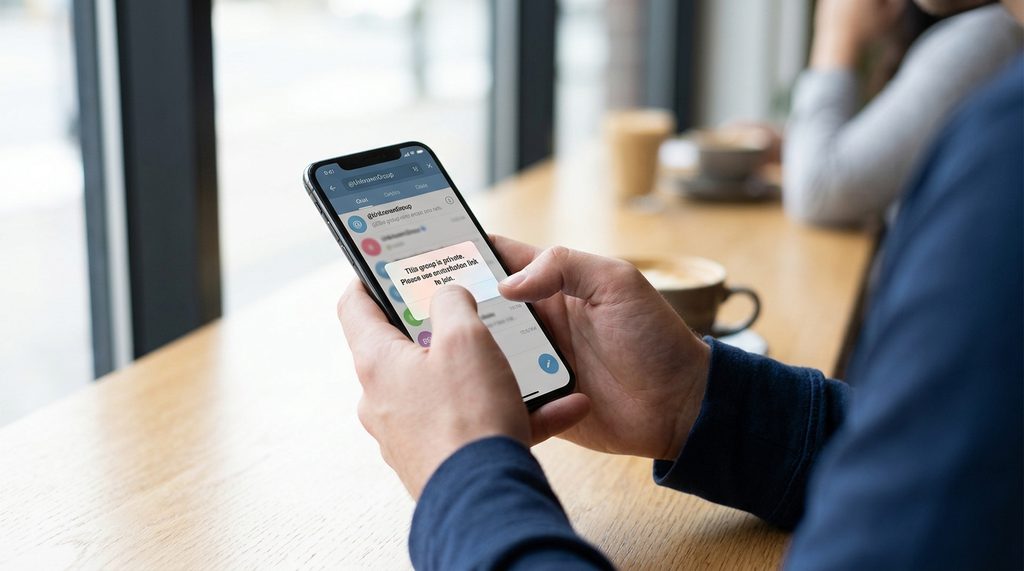 用户在移动设备上尝试搜索 Telegram 群组,屏幕弹出建议使用邀请链接加入的提示,场景真实自然