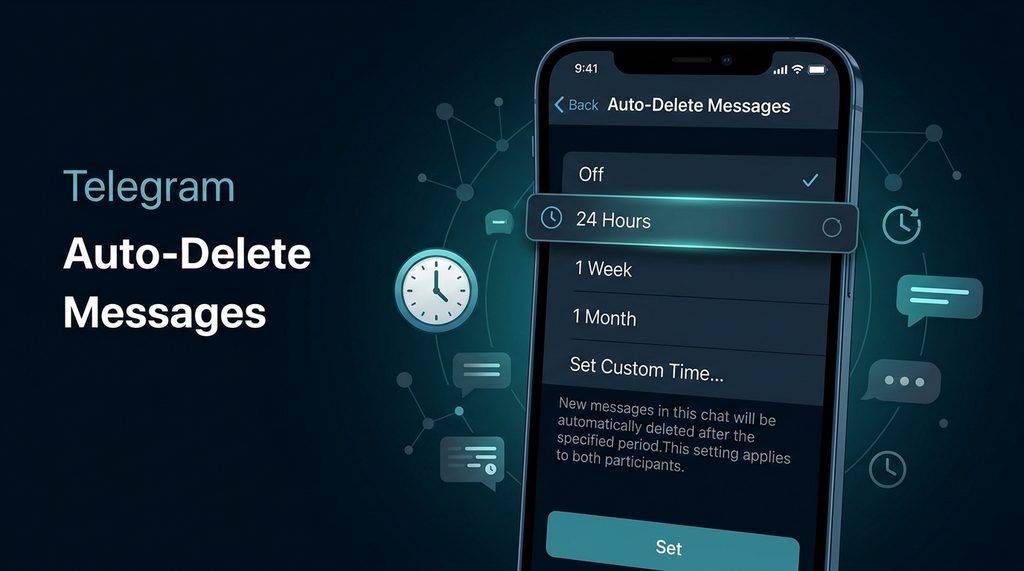 Telegram聊天设置界面，展示自动删除消息的时间选项菜单，界面为深色模式