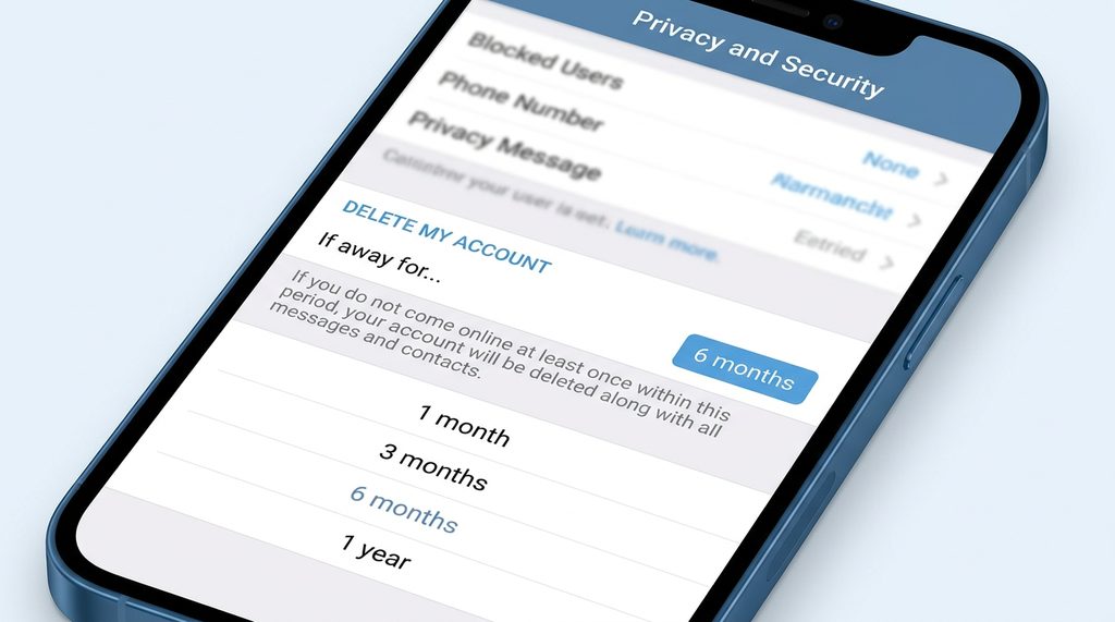 手机屏幕截图,展示Telegram隐私设置页面中“删除我的账号”选项及时间选择列表,UI设计简洁