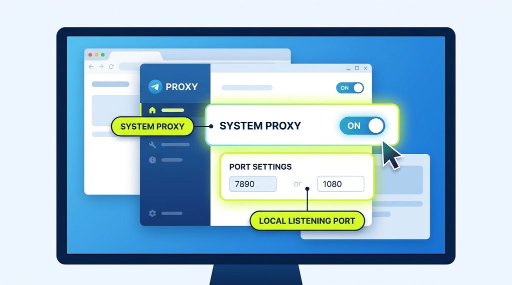 一台电脑屏幕显示网络代理工具的设置界面，高亮显示系统代理和端口设置选项，简洁明快风格