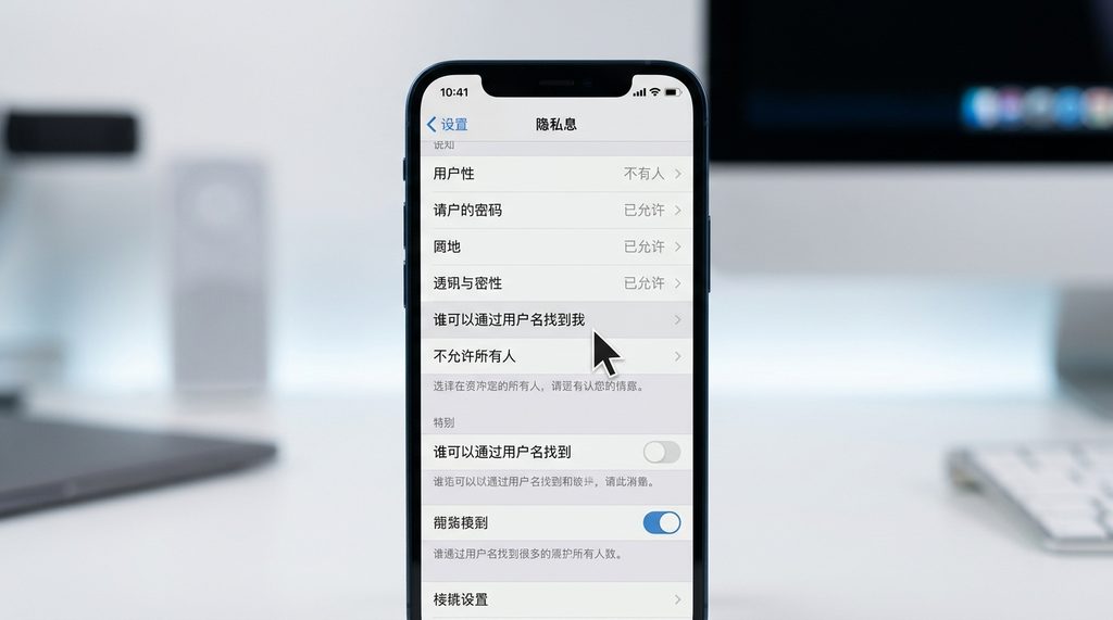 一部智能手机显示 Telegram 隐私设置页面，光标指向“谁可以通过用户名找到我”的选项设置，简洁