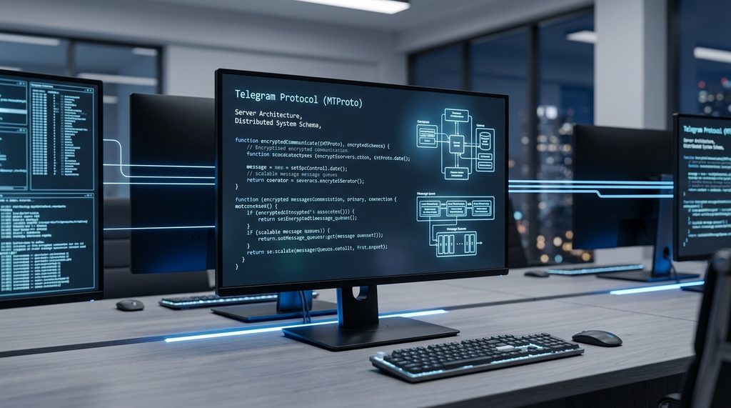 极简主义风格的现代办公室,桌面上摆放着多台显示器,屏幕上显示着复杂的服务器架构代码流,灯光冷峻且科技