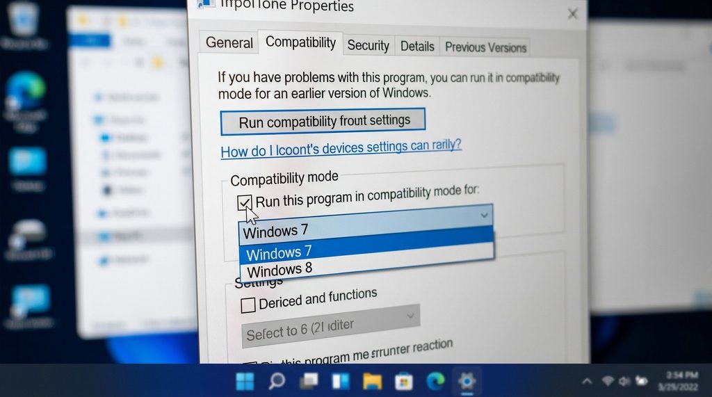 Windows系统兼容性设置界面，显示勾选“以兼容模式运行此程序”的选项，局部特写