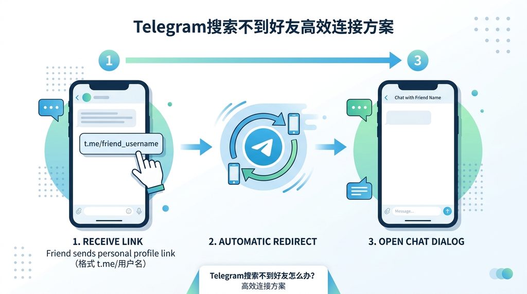 演示如何点击 t.me 格式的个人资料链接，页面自动跳转至 Telegram 好友对话框的流程图，现