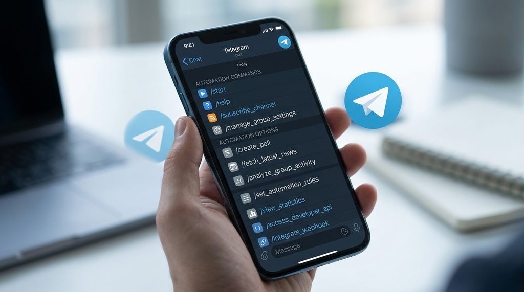 手机屏幕展示 Telegram 的 Bot 交互界面,显示着各种自动化指令操作的列表,界面简洁清晰,