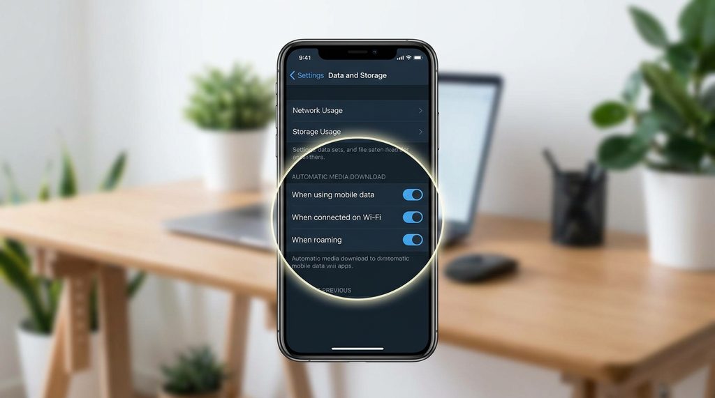 移动端 Telegram 设置菜单中“数据与存储”界面的简洁展示，突出自动下载选项的开关