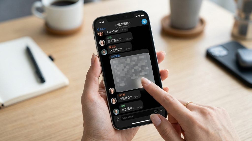 手机屏幕截图，显示 Telegram 聊天界面，一行文字被灰色马赛克覆盖，手指正在点击该文字区域
