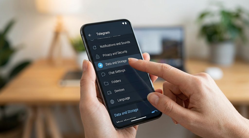 一个清晰展示 Telegram 设置菜单的特写,手指正点开数据与存储设置项,背景略带模糊