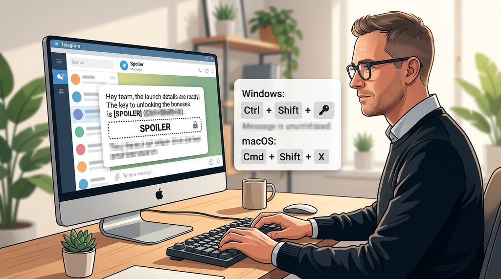 办公室场景，一个人在电脑前使用 Telegram 发送信息，屏幕显示加密的隐藏文字界面