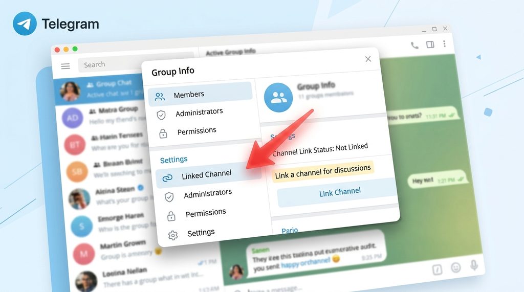 Telegram群组设置界面，展示关联频道选项的菜单截图，箭头指向关联设置区域