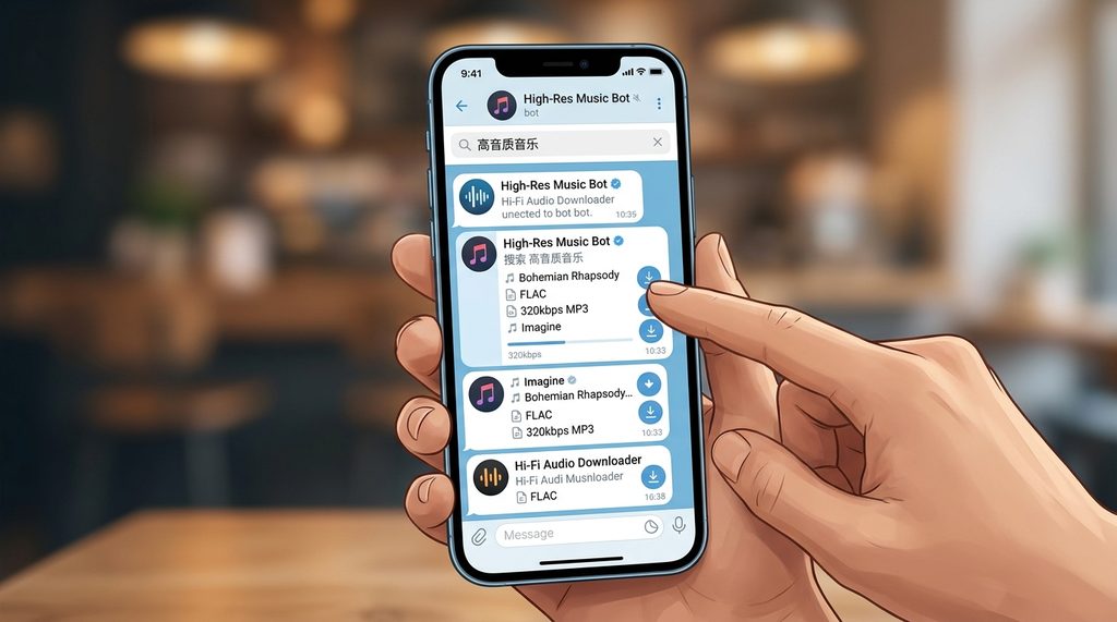 用户在智能手机上操作 Telegram 搜索音乐机器人的界面，展示搜索结果列表和音频下载图标