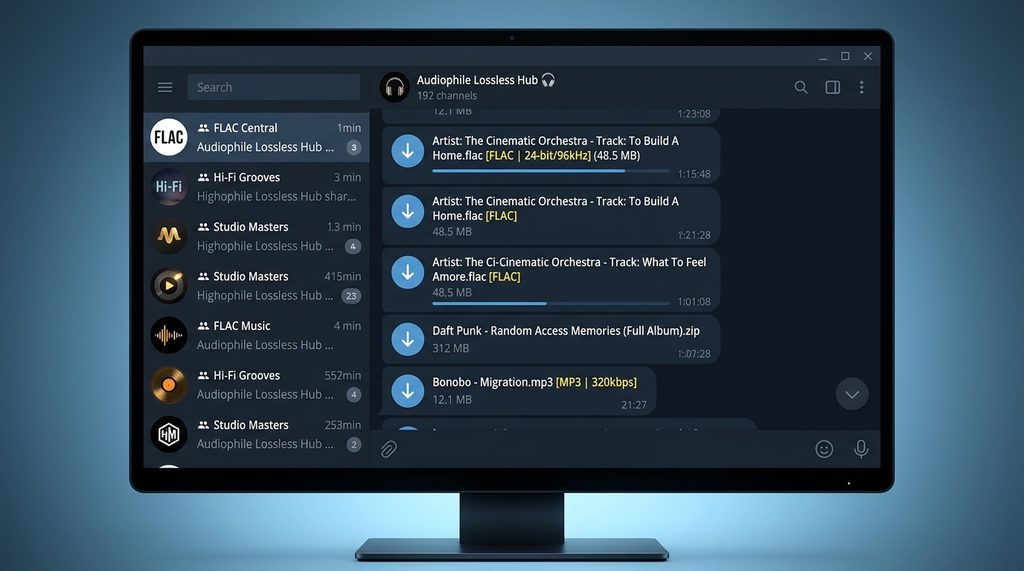 电脑显示器屏幕截图，展示 Telegram 频道列表页面，显示多条带有音频文件格式（FLAC/MP3
