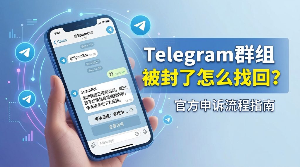 用户在Telegram客户端查看@SpamBot聊天记录的界面,手机屏幕显示申诉进度提示