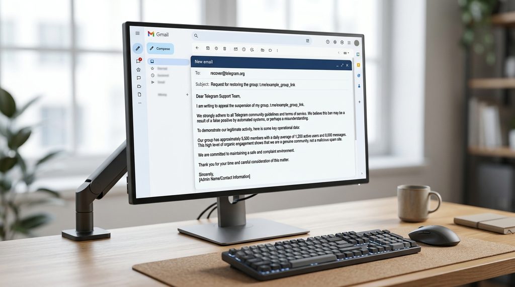 电脑桌面上打开的电子邮件撰写界面,内容为申诉Telegram群组的邮件草稿