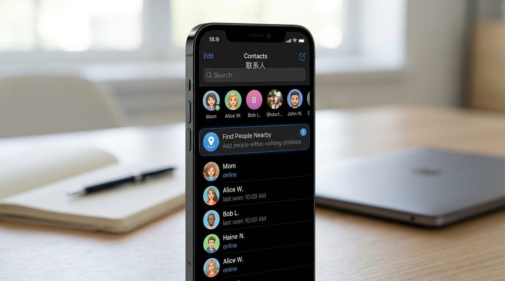 一部智能手机界面，显示Telegram联系人页面中‘查找附近的人’功能设置的截图，界面简洁直观