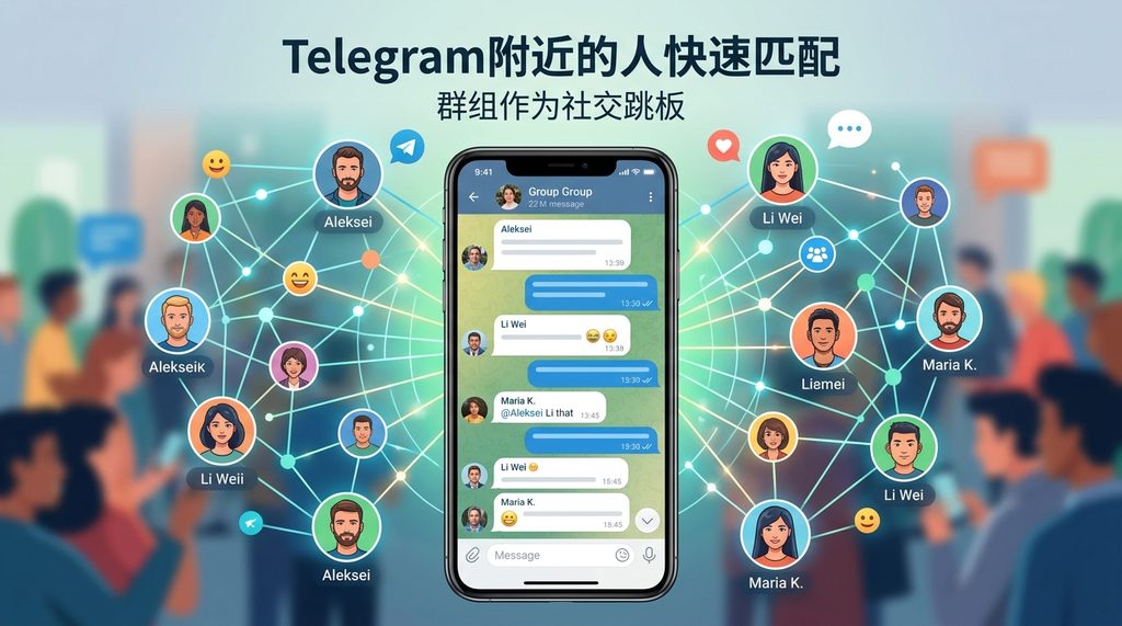 一个Telegram群组聊天界面，多人互动场景，图标呈现出社交网络的连接感