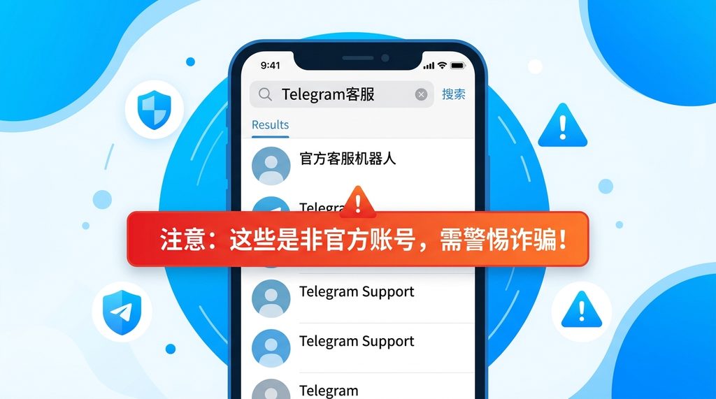 一个简易的Telegram界面示意图，手机屏幕上显示着搜索结果，但标注着“非官方账号需警惕”的警示标