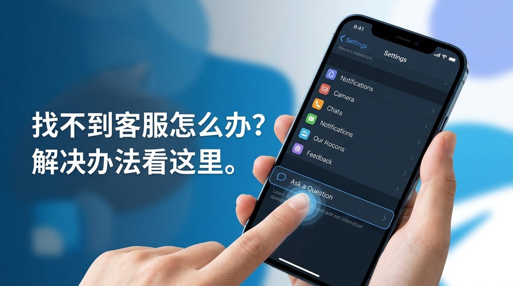 展示用户在手机设置界面点击“Ask a Question”功能的截图，界面清晰简洁，背景色调为Tel